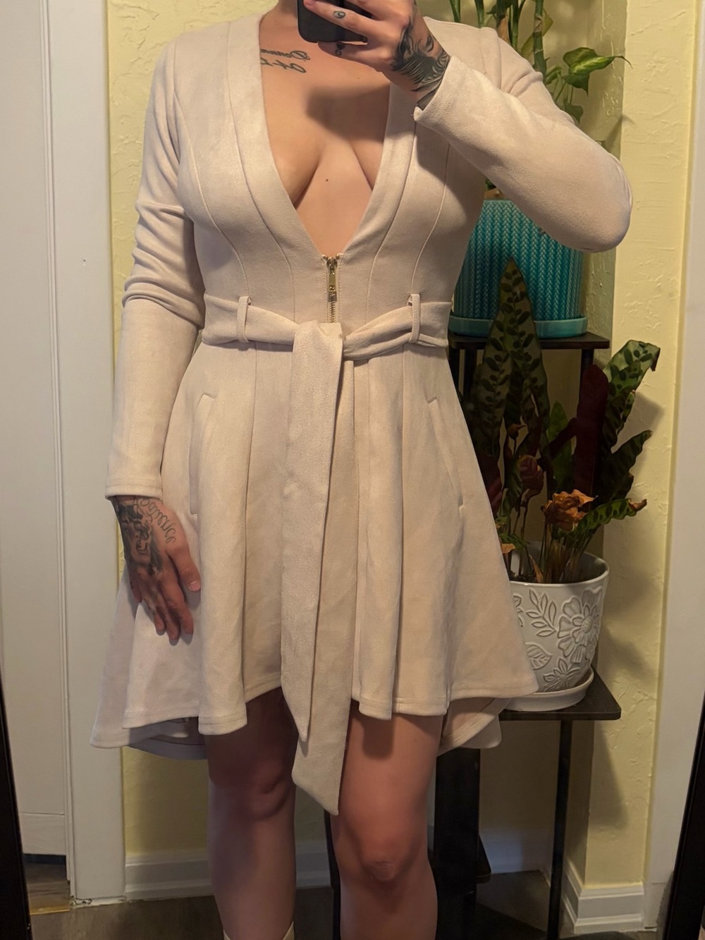 Brand new AKIRA Cream Deep V-Neck Long Sleeve Belted Skater Dress